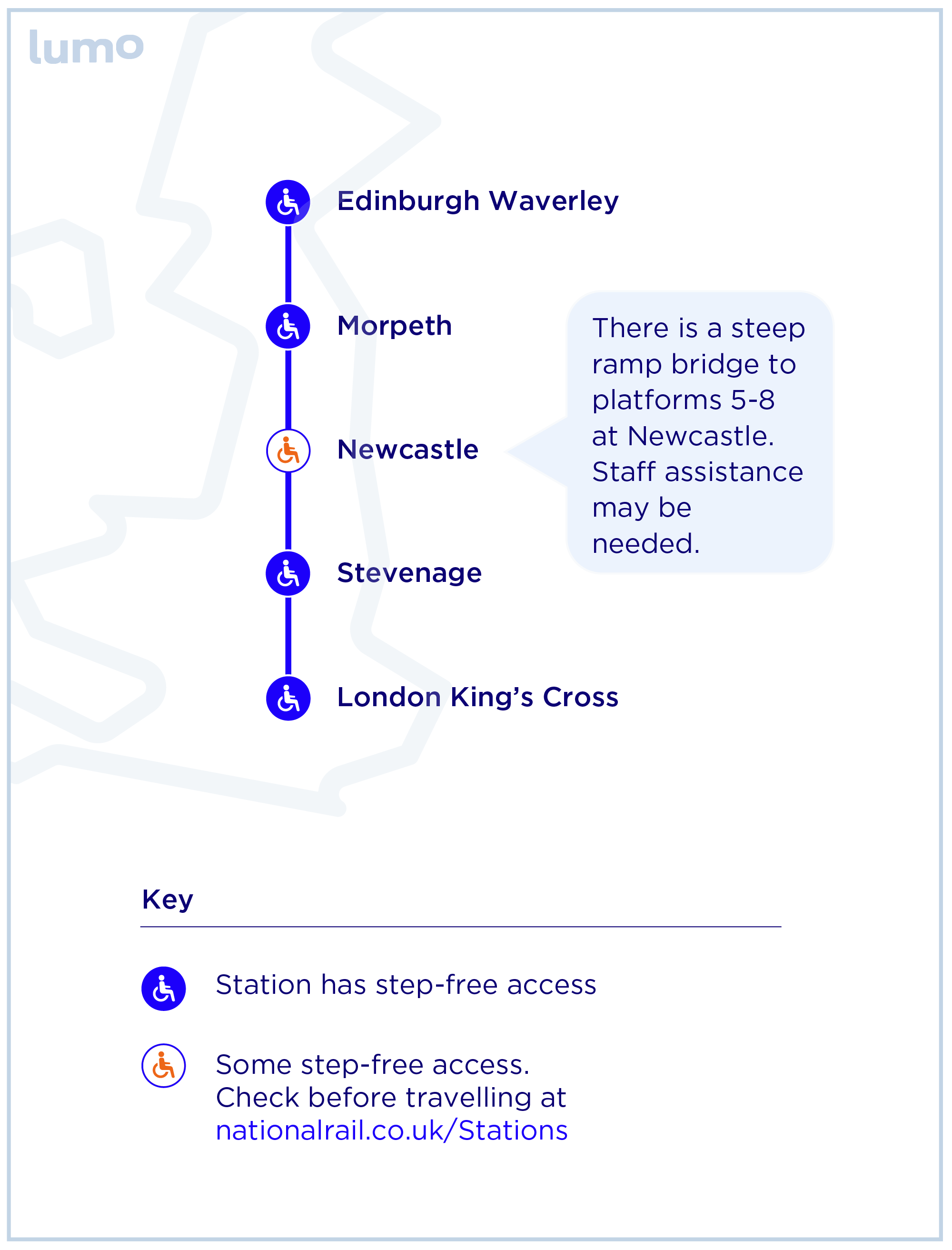 Lumo Route map: Edinburgh, Morpeth, Newcastle, Stevenage, London Kings Cross. At Newcastle there is a steep ramp bridge to platforms 5-8, staff assistance may be needed. All the other stations have step free access