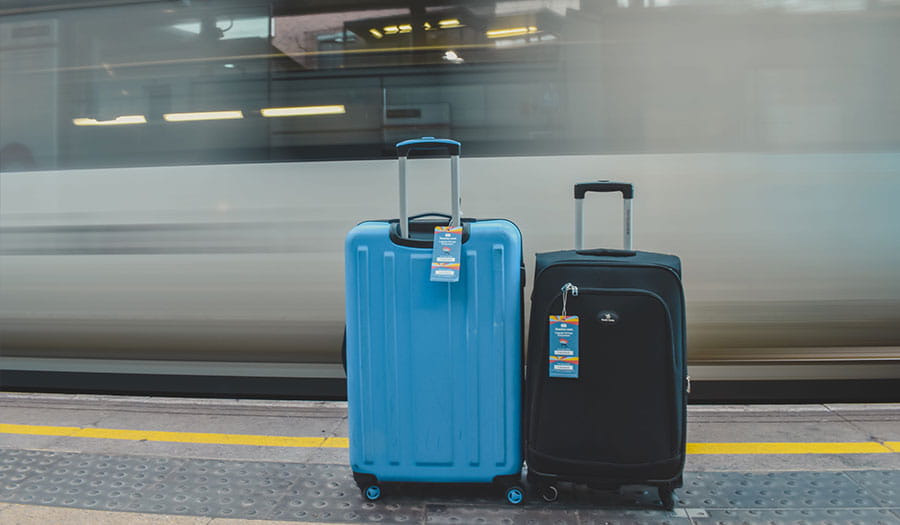 Two suitcases in front of a train
