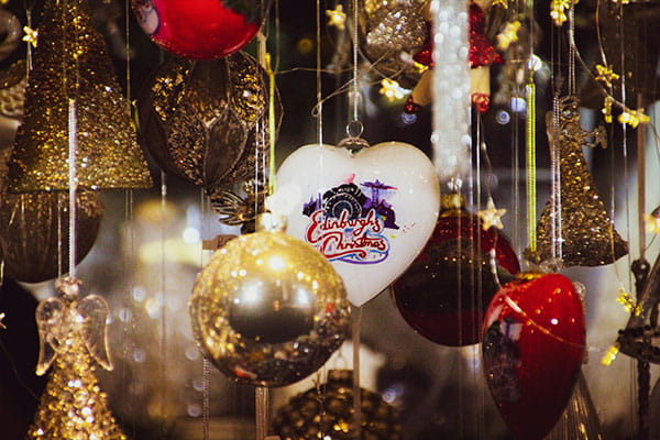Stall selling decorations at Edinburgh Christmas Market