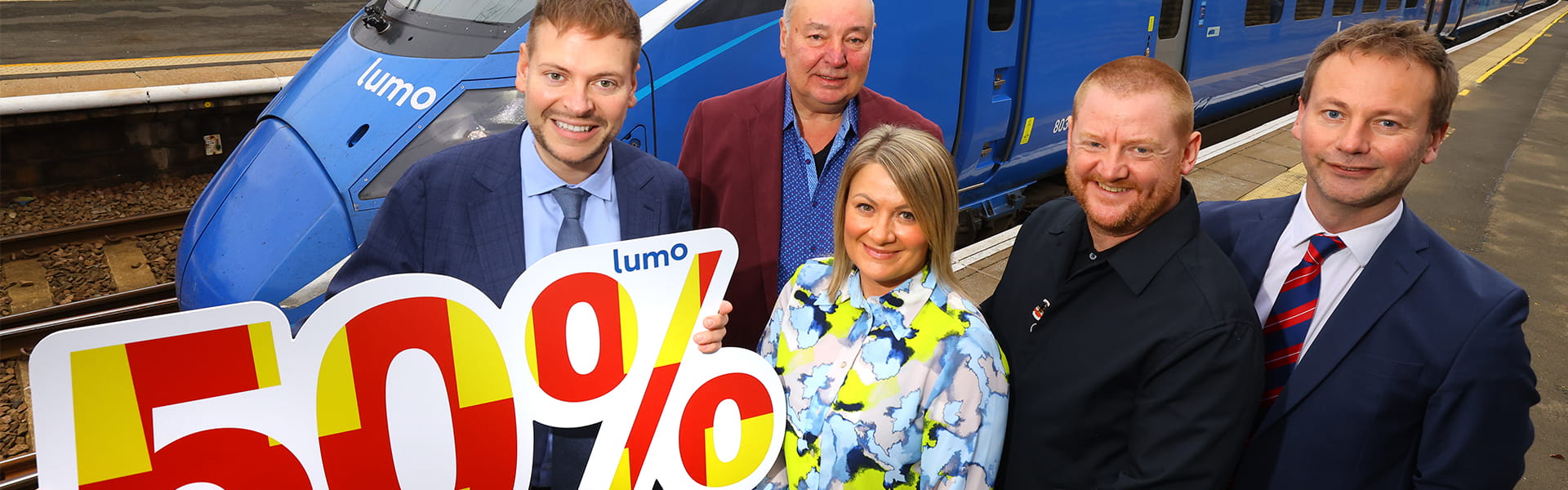 (L-R) Martijn Gilbert, Managing Director at Lumo joined by Dennis Fancett, Chair of local pro-rail campaign group SENRUG, Lyndsey Turner Swift, Deputy VisitEngland Director, Ian Thomas, Chief Operating Officer at NewcastleGateshead Initiative, on behalf of Destination North East England and Cllr Richard Wearmouth, a councillor in Morpeth and Deputy Leader at Northumberland County Council